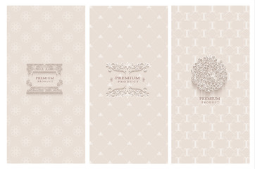 Collection of design elements, labels,icon and frames for packaging and design of luxury products. with paper art design Isolated on brown background. vector illustration