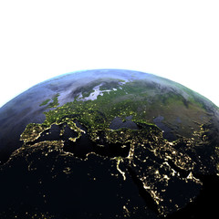 EMEA region at night on realistic model of Earth