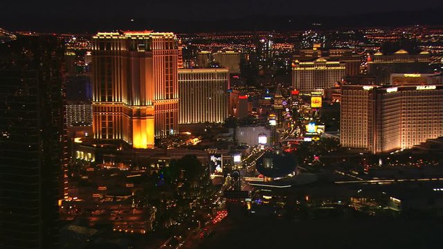 Long aerial view of Las Vegas Strip at night. Shot in 2008.