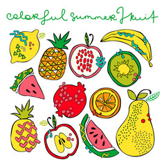 Bright summer fruit: watermelon, kiwi, apple, pear, orange, lemon, pomegranate, pineapple, banana. Isolated vector objects on white background. Fruit set.