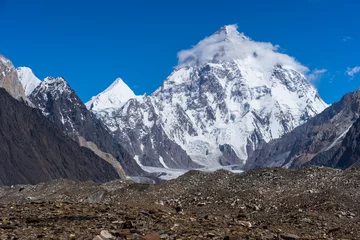 Foto op geborsteld aluminium K2 K2 bergtop met wolk bovenop, Baltoro-gletsjer, Gilgit, Pakistan