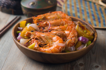 chilli prawns in traditional setting