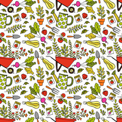 Garden wheelbarrow, plants, watering, vegetables and leaves. Seamless vector pattern (background).