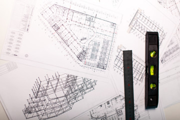Architectural background. Part of architectural project, architectural plan, technical project, drawing technical letters, design on paper, construction plan
