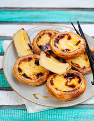 Egg tart. Portuguese dessert. Wooden background.