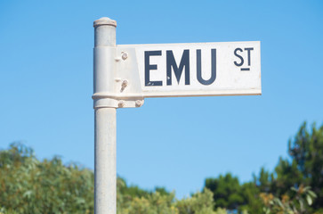 Road sign identifying Emu Street on Kangaroo Island in South Australia