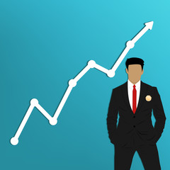 business man in black suit with line graph on blue background