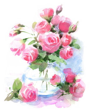 Watercolor Roses Flowers in a vase Floral Hand Painted Illustration isolated on white Background