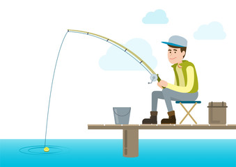 Young fisherman with fishing rod, hooks, bait, on the river and lake, Vector character illustration.