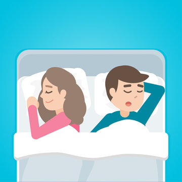 Young couple man and woman sleeping in bed together. Vector cartoon illustration.