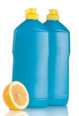 bottle of dishwashing detergent with lemon isolated on white background