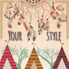 The postcard is decorated in Boho style. Flowers, feathers, wigwam and dreams catcher. © vectorjazz