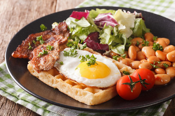 English breakfast with fried egg, waffles, bacon, salad and beans close-up. horizontal