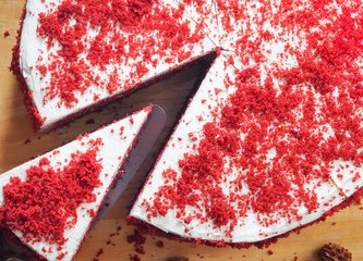 Red velvet chocolate cake on wooden plate