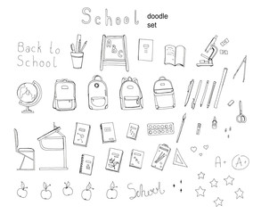 Hand drawn School doodle set illustration with lettering, School supplies, exercise book, microscope, globe , backpack, desk, Textbooks, apple isolated on white