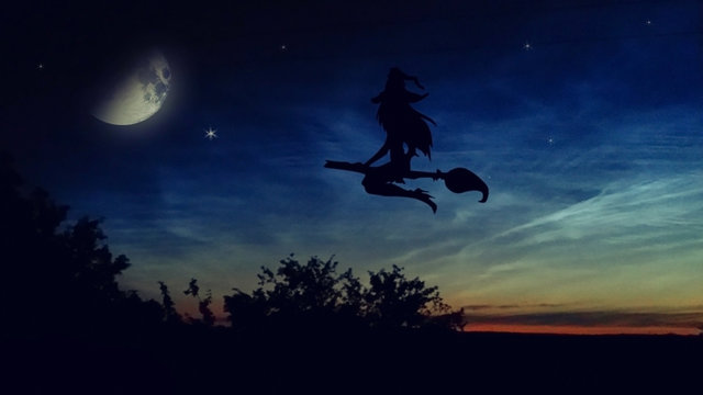 Halloween. The witch flying on the broom against the background of the night sky.