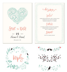 Obraz premium Typographic Wedding cards with swirl heart shape, birds, dots frame, floral wreath and decorative branches.