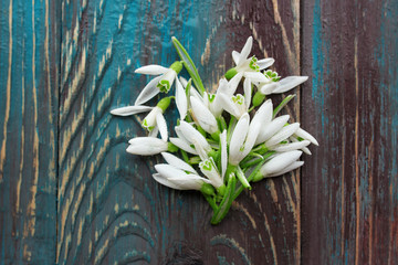 Heart of white snowdrops on blue and brown wooden background