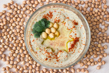 A bowl of creamy hummus with olive oil.