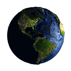Fototapeta premium Americas on Earth at night isolated on white