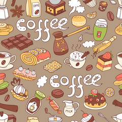 Vector seamless pattern with  doodle coffee. Equipment and desse
