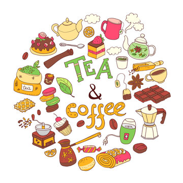 Vector round illustration, doodle tae and coffee. Equipment and 