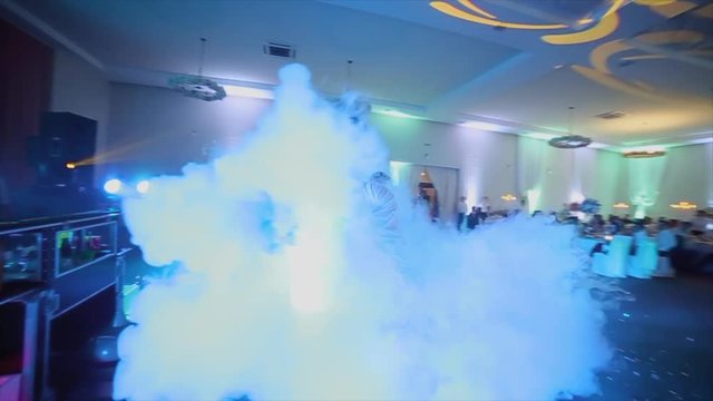 Smoky Colourful Cocktails with White Smoke on Bar Counter. Alcoholic Shot Cocktails in Glasses with Azote Smoke
