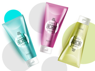 Realistic face or body care cosmetic product plastic container set vector illustration. Cleanser, lotion, tonic, cream 3D colorful tube. New modern cosmetic brand series template