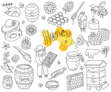 Vector honey element doodle set with beehive, beekeeper, flowers