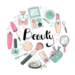 Beauty sketch background. Hand drawn doodle vector round illustr