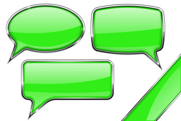Speech bubbles. Set of green communication 3d icons with chrome frame