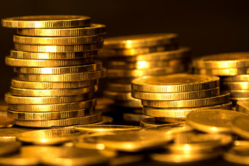Close up gold money coin stacking on dark background