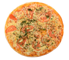 Mixed pizza from top on white background