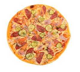 Mixed pizza from top on white background