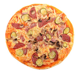 Mixed pizza from top on white background