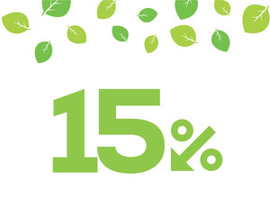 Vector green 15% text designed with an arrow percent icon on white background with leaves. For spring sale campaigns. 