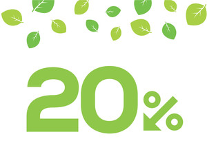Vector green 20% text designed with an arrow percent icon on white background with leaves. For spring sale campaigns. 