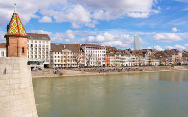 View of Basel, Switzerland with old medieval buildings, river Rhine and Roche tower in the...