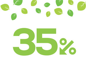 Vector green 35% text designed with an arrow percent icon on white background with leaves. For spring sale campaigns. 