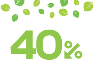 Vector green 40% text designed with an arrow percent icon on white background with leaves. For spring sale campaigns. 