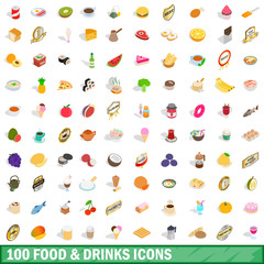 100 food and drinks icons set, isometric 3d style