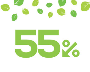 Vector green 55% text designed with an arrow percent icon on white background with leaves. For spring sale campaigns. 
