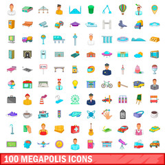 100 megapolis icons set, cartoon style