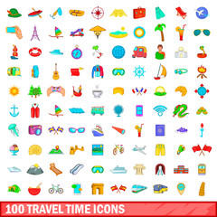 100 travel time icons set, cartoon style