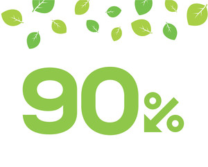 Vector green 90% text designed with an arrow percent icon on white background with leaves. For spring sale campaigns. 