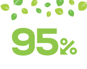 Vector green 95% text designed with an arrow percent icon on white background with leaves. For spring sale campaigns. 