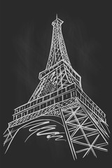 vector sketch of Eiffel tower on chalkboard background, Paris, France.