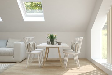 White dinner room with green landscape in window. Scandinavian interior design. 3D illustration