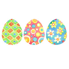 Set of bright hand drawn watercolor Easter eggs