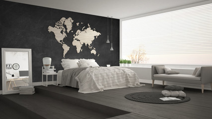 Scandinavian minimalist bedroom, minimalistic modern interior design